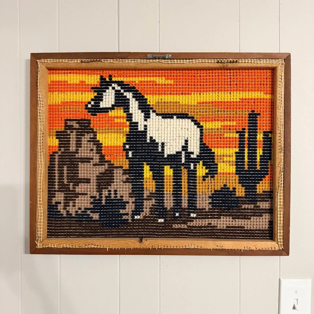 Vintage Latch Hook Wall Hanging Desert Horse Sunset Cactus Framed Yarn Art 24x19